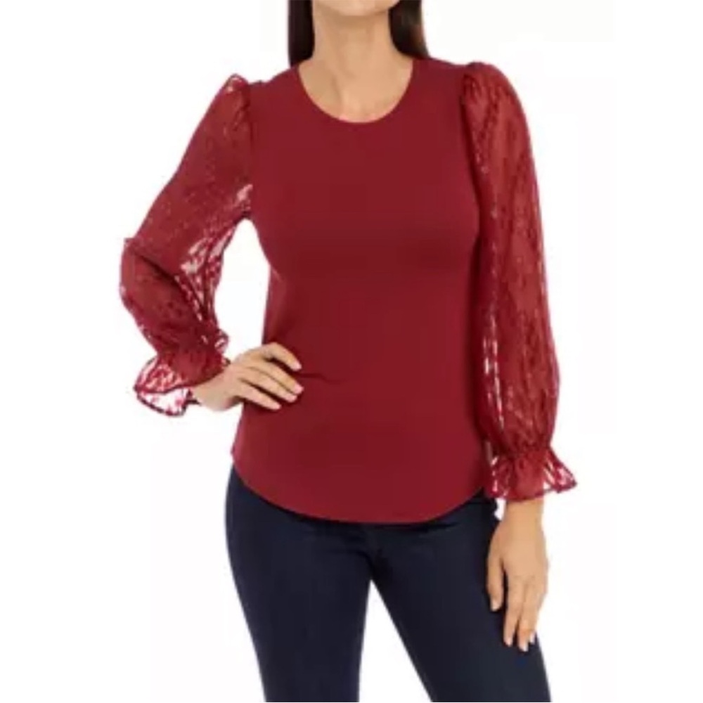 Cupio Red Stretch Knit Top w/ Sheer Textured Statement Sleeves Size XL